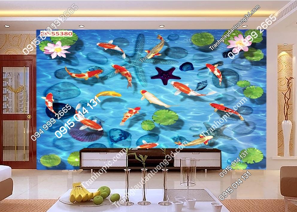 Tranh dán tường cá chép hoa súng 3D 55380