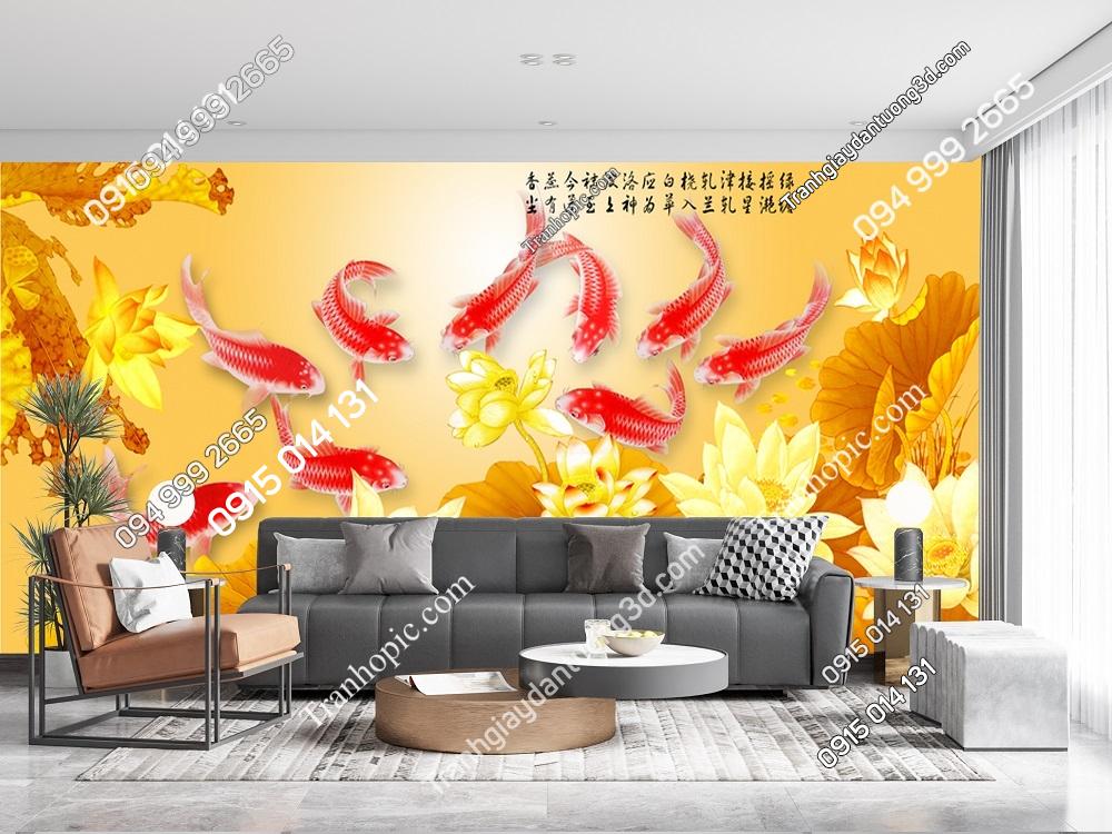 Tranh dán tường cá chép hồng hoa sen vàng 33927