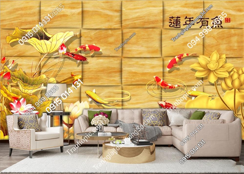 Tranh dán tường cá chép nền hoa vàng 32471