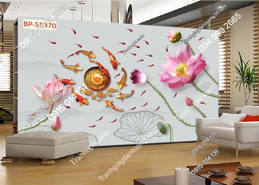 Tranh dán tường cá chép ngậm cánh hoa sen 55370