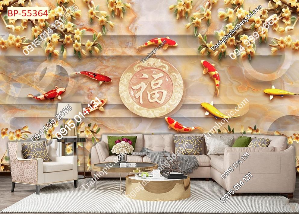 Tranh dán tường cá chép quanh chữ Phúc 55364