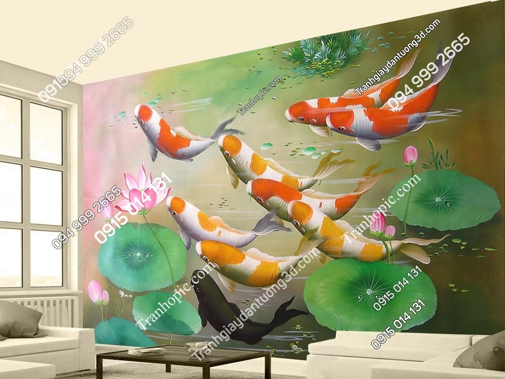 Tranh dán tường cá chép vờn hoa sen 33796