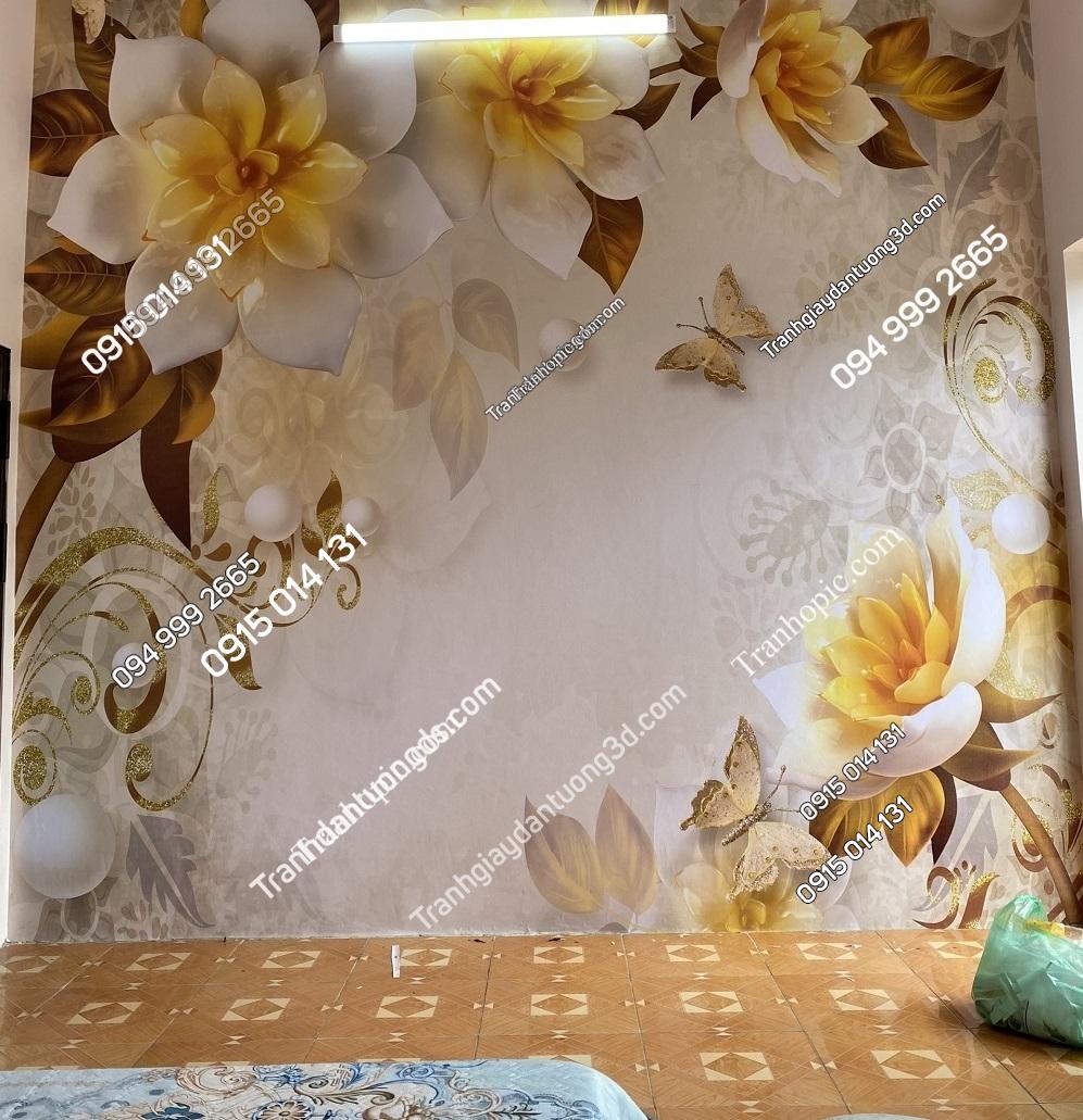 Tranh dán tường hoa 3D giả ngọc dán phòng ngủ