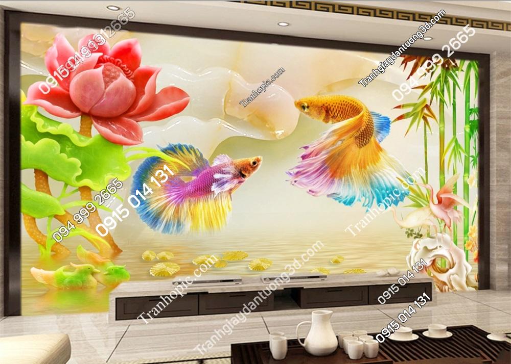 Tranh dán tường hoa sen cá chép uyên ương 50403