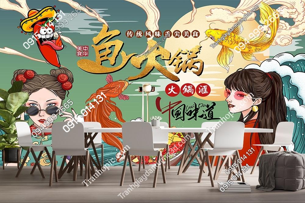 Tranh dán tường quán hải sản cá họa tiết cô gái 30211103102733048106