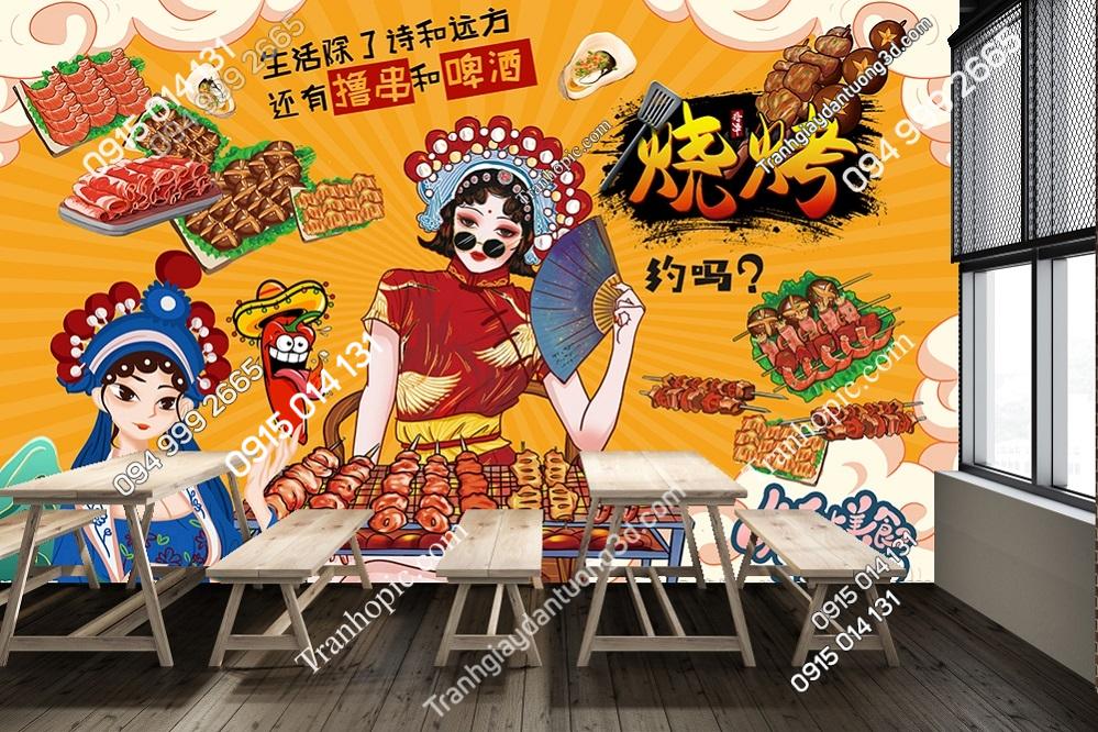 Tranh dán tường quán nướng với cô gái trung hoa 30211029102248320105