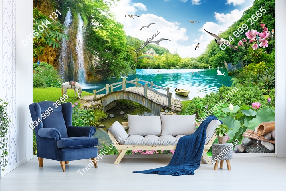 Tranh dán tường thác nước, hồ, chim, ngựa trắng và cây cầu gỗ 2850573198