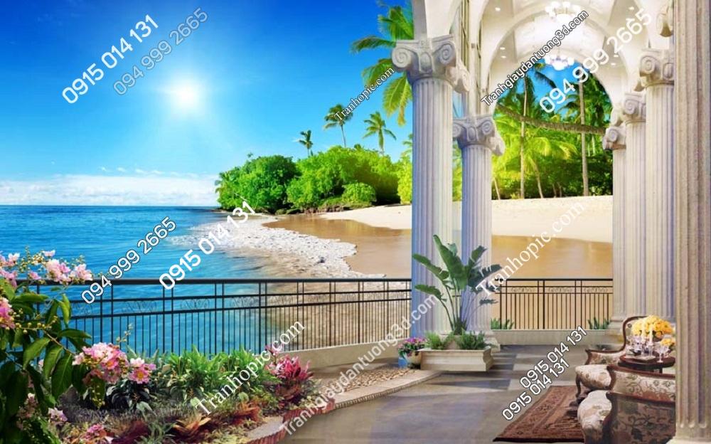 Tranh giả lan can ngắm biển dán tường B026