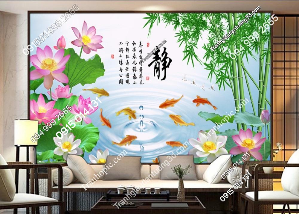 Tranh hồ cá hoa sen và tre 51362
