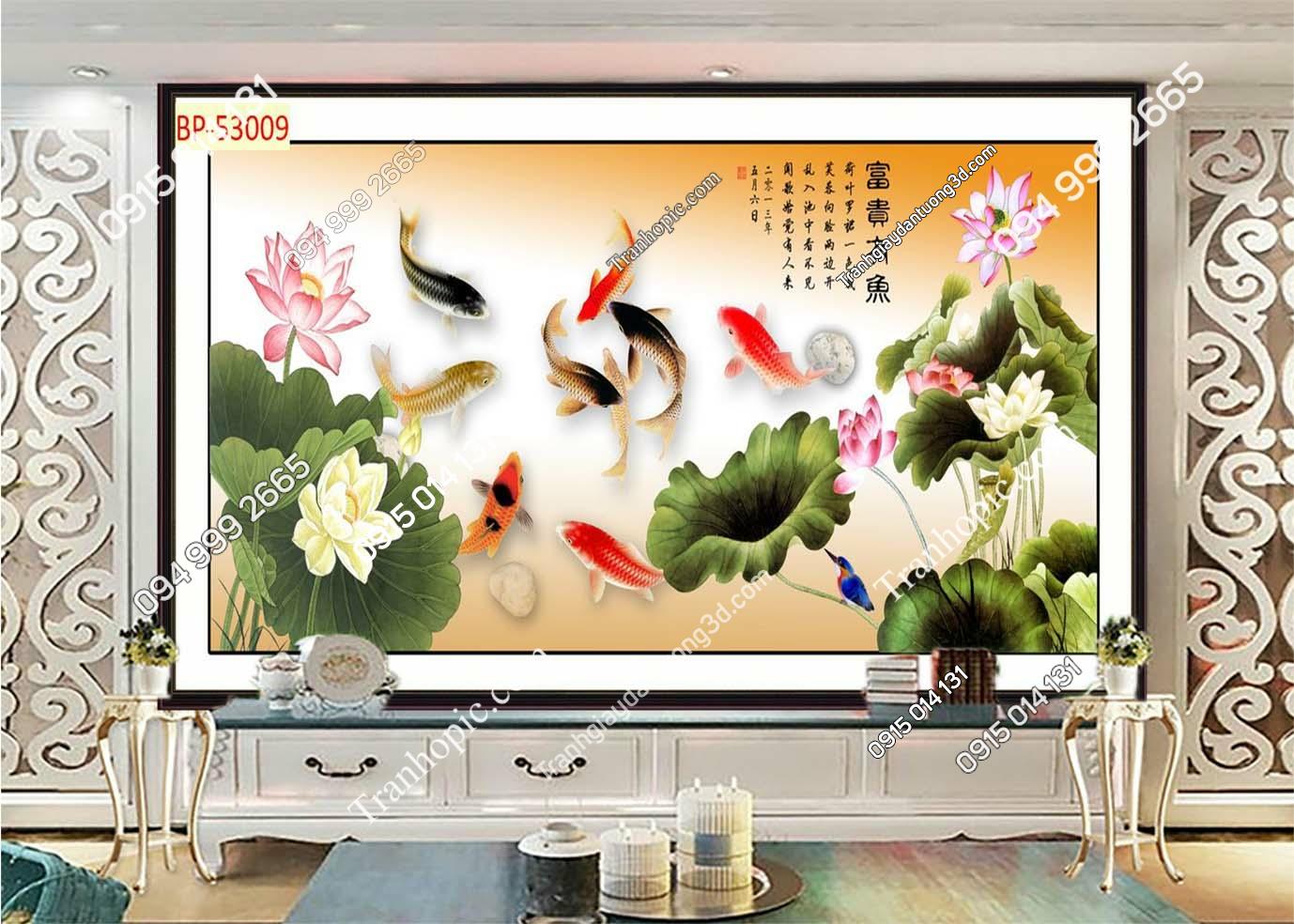 Tranh hoa sen cá chép dán tường phòng khách 53009