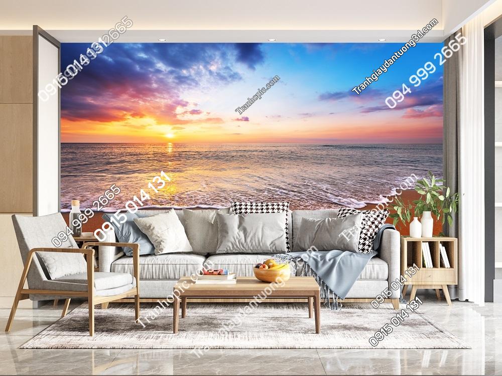Tranh dán tường bình minh trên biển nền bãi cát và trời xanh 692831704