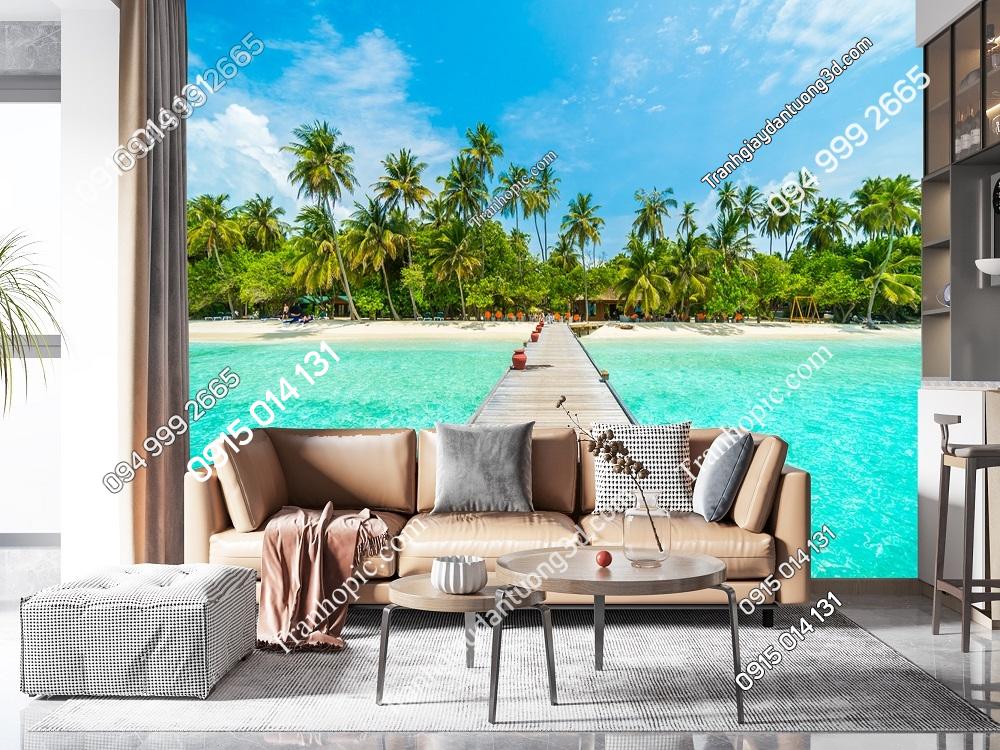 Tranh dán tường cây cầu trên bờ biển Maldives 444622738