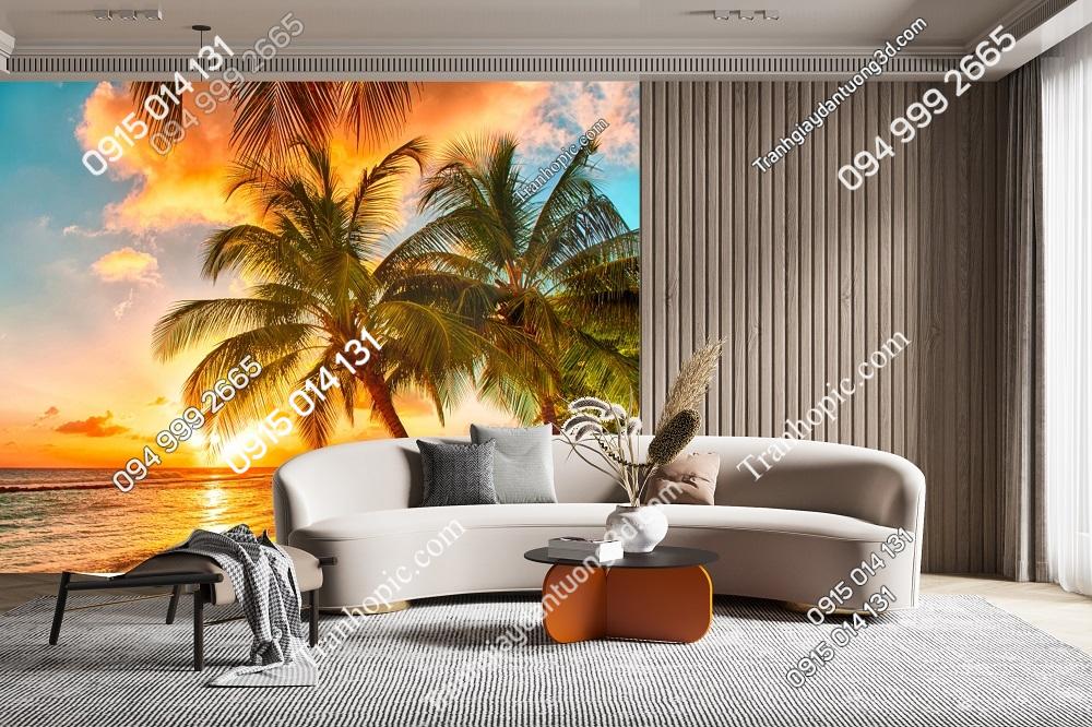 Tranh dán tường hoàng hôn trên bãi biển và cây dừa1608503410