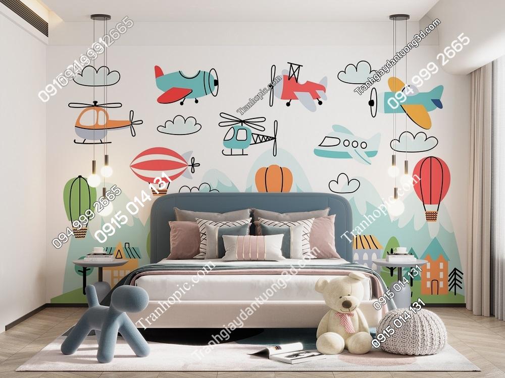 Tranh dán tường kiểu vẽ tay trẻ em với máy bay khinh khí cầu 3074561592