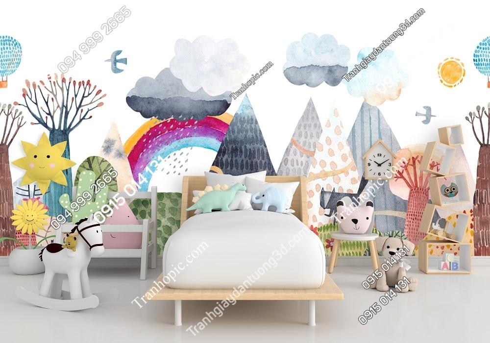 Tranh mây núi cầu vòng dán phòng bé 2913661956