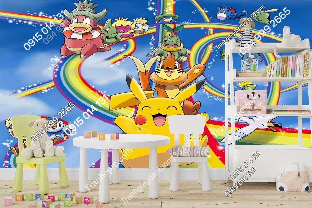 Tranh pokemon pikachu và bảy sắc cầu vòng dán tường cho bé 475764