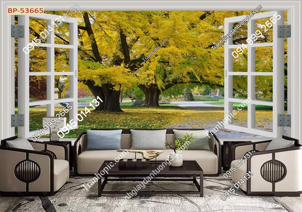 Tranh cửa sổ cây lá vàng dán tường 53665