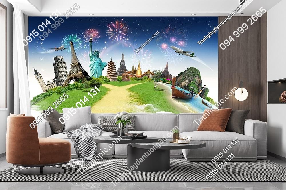 Tranh dán tường 3D bản đồ biểu tượng thế giới