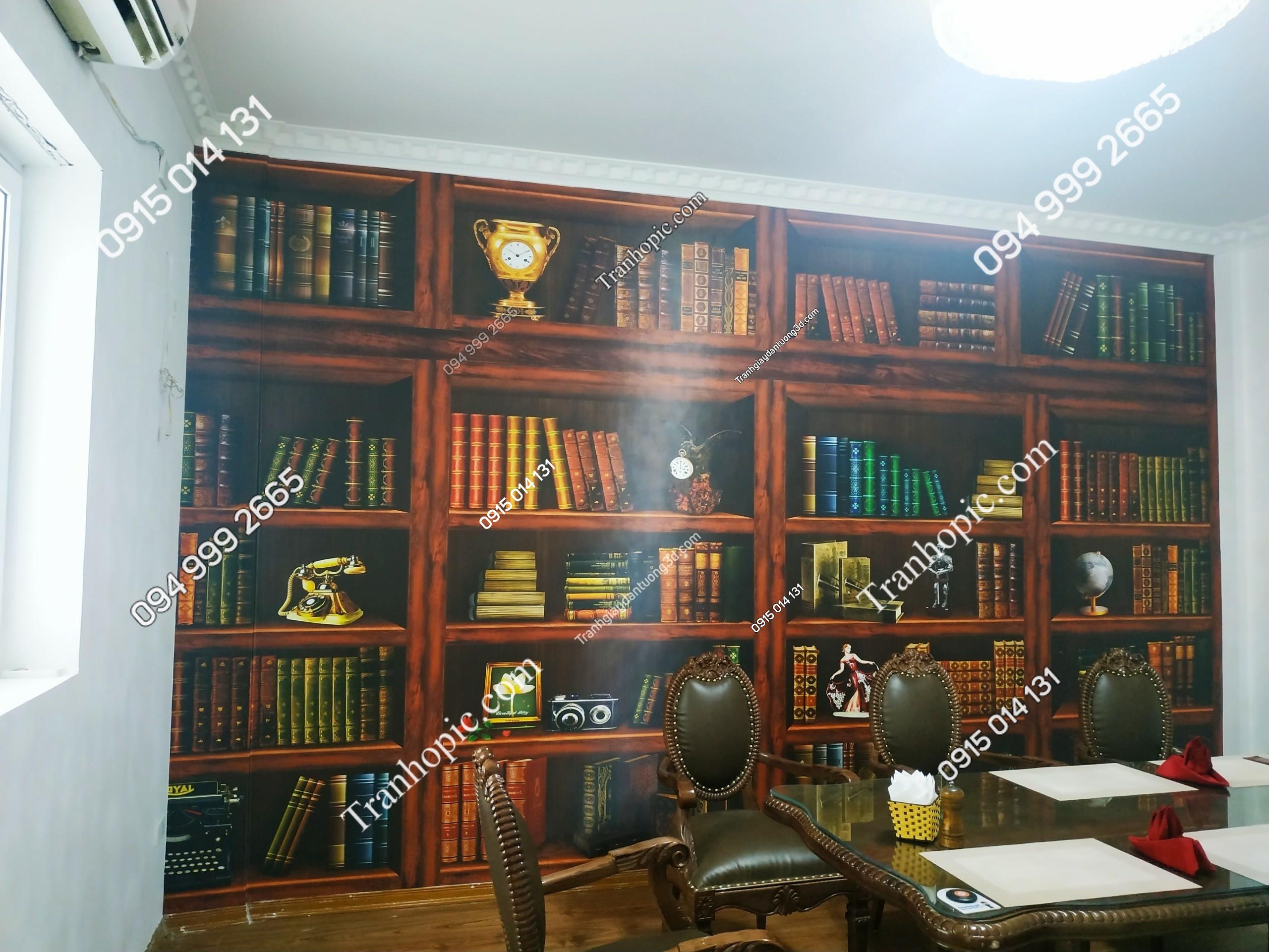 Tranh dán tường 3D giả kệ sách đẹp