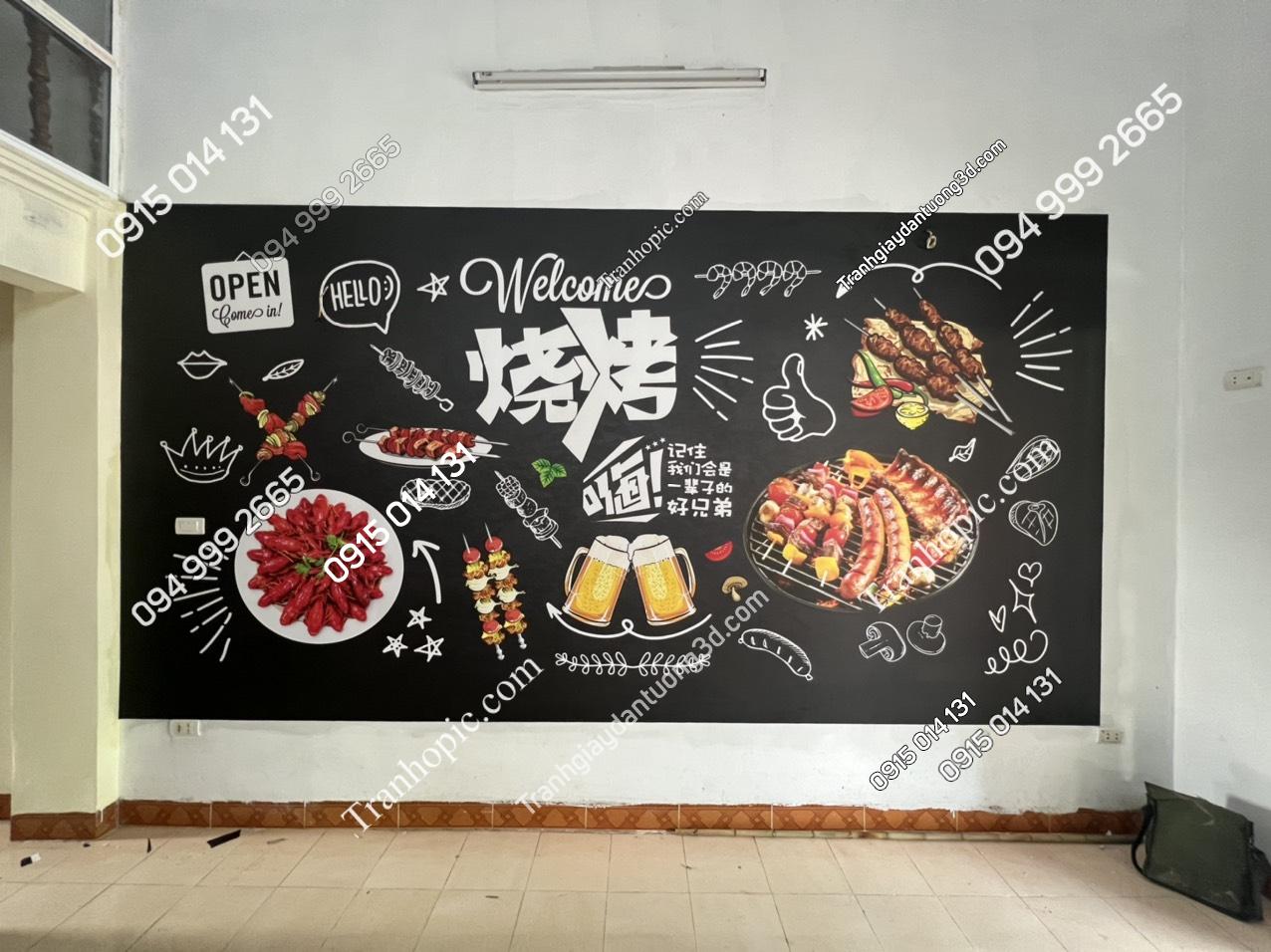 Tranh dán tường 3D quán nhậu lẩu nướng nền đen độc đáo