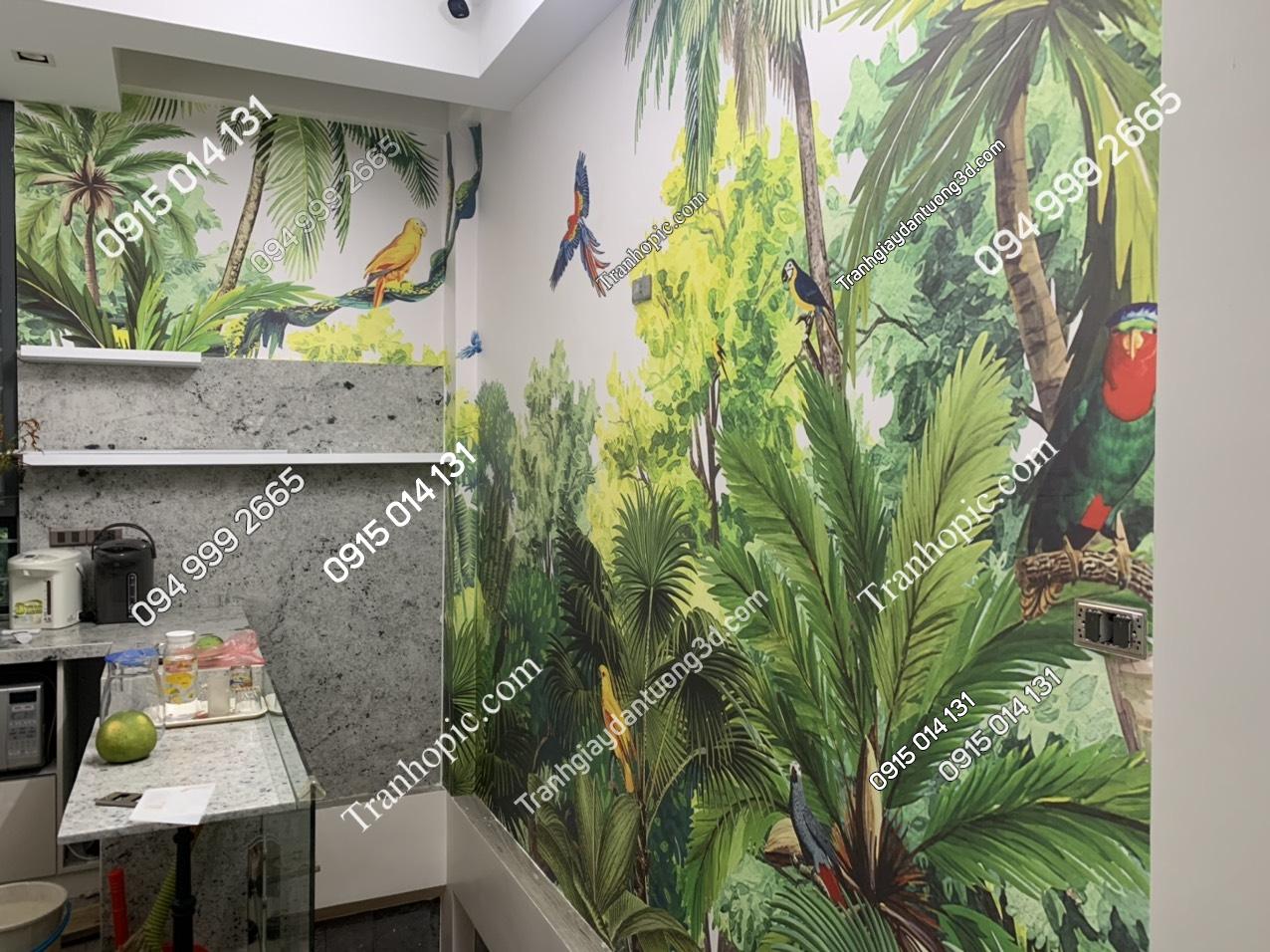 Tranh dán tường 3D rừng nhiệt đới dán bếp