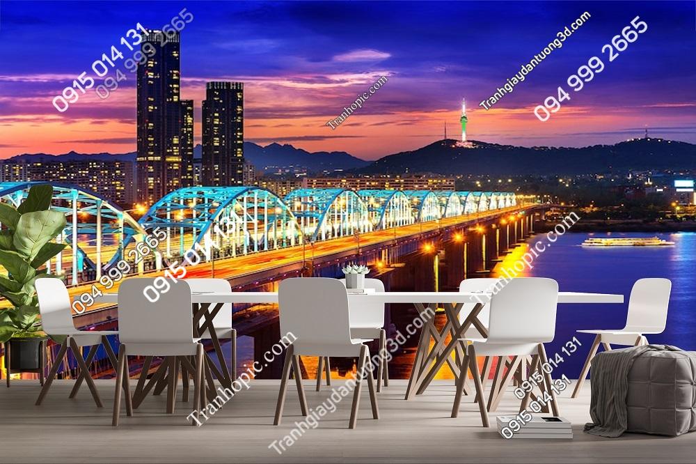 Tranh dán tường cảnh thành phố tại cầu dongjak và tháp seoul trên sông Hàn đêm FP11600385