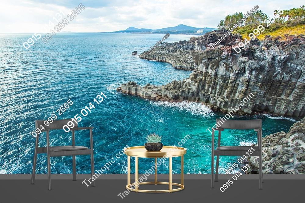 Tranh dán tường cột đá Jungmun Daepo và nước biển xanh ở đảo Jeju, Hàn Quốc 524667819