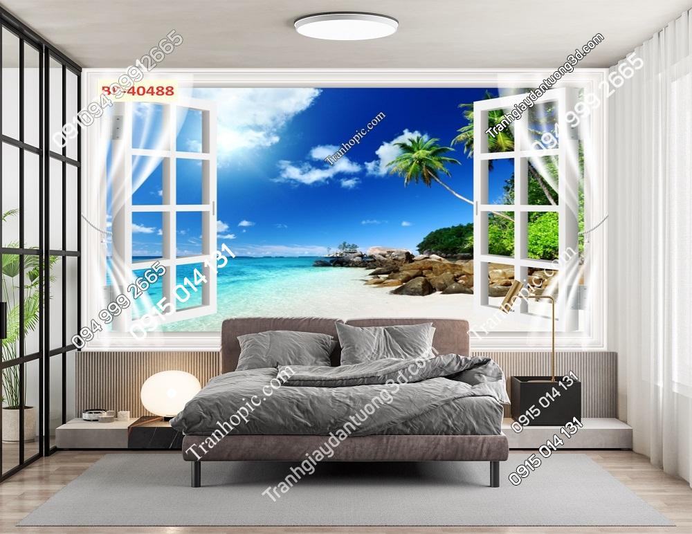 Tranh dán tường cửa sổ 3d biển 40488