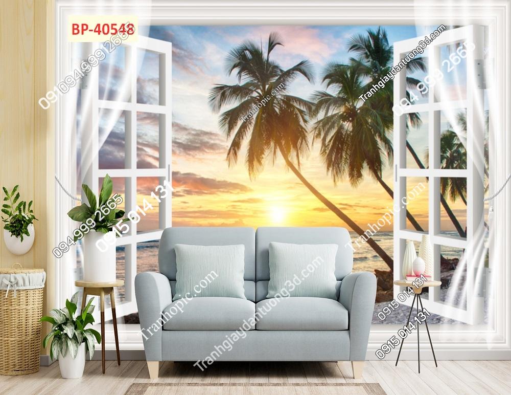 Tranh dán tường cửa sổ 3d biển hoang hôn 40548
