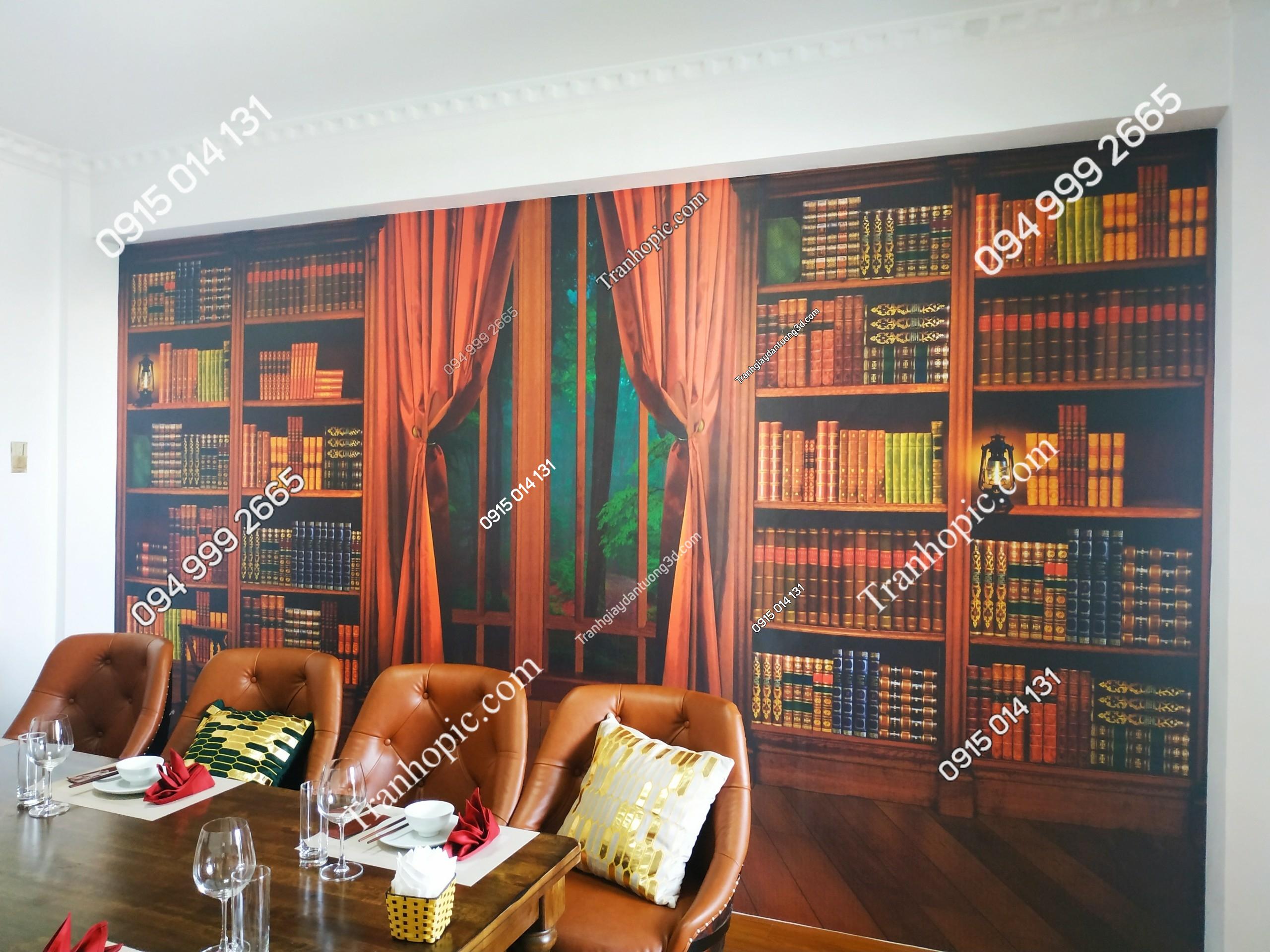 Tranh dán tường giả kệ sách 3D dán nhà hàng