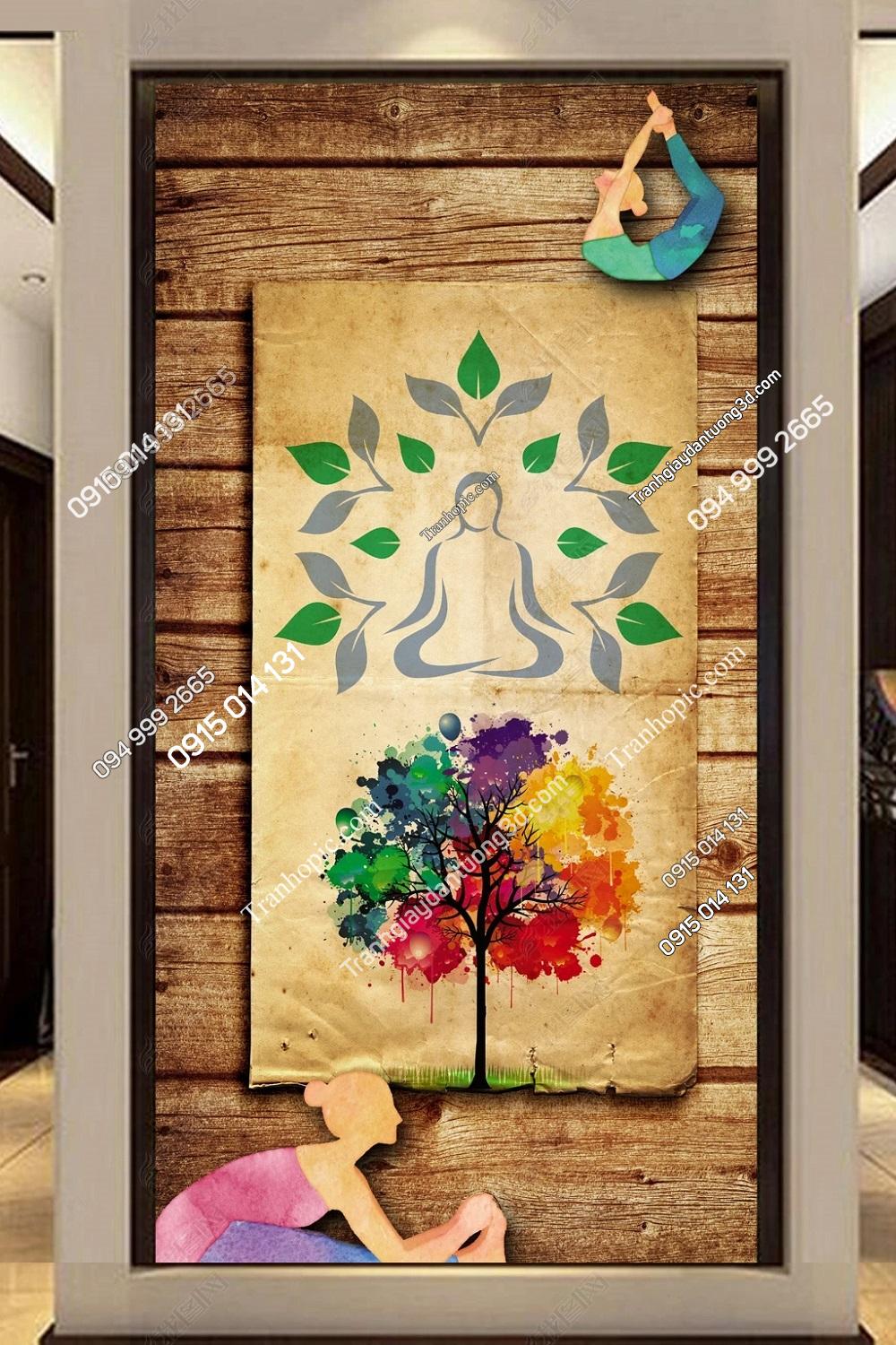 Tranh dán tường lối vào phòng tập yoga nền gỗ hoài cổ OP_27706494