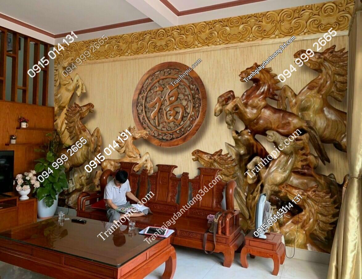 Tranh dán tường mã đáo giả điêu khắc gỗ 5D