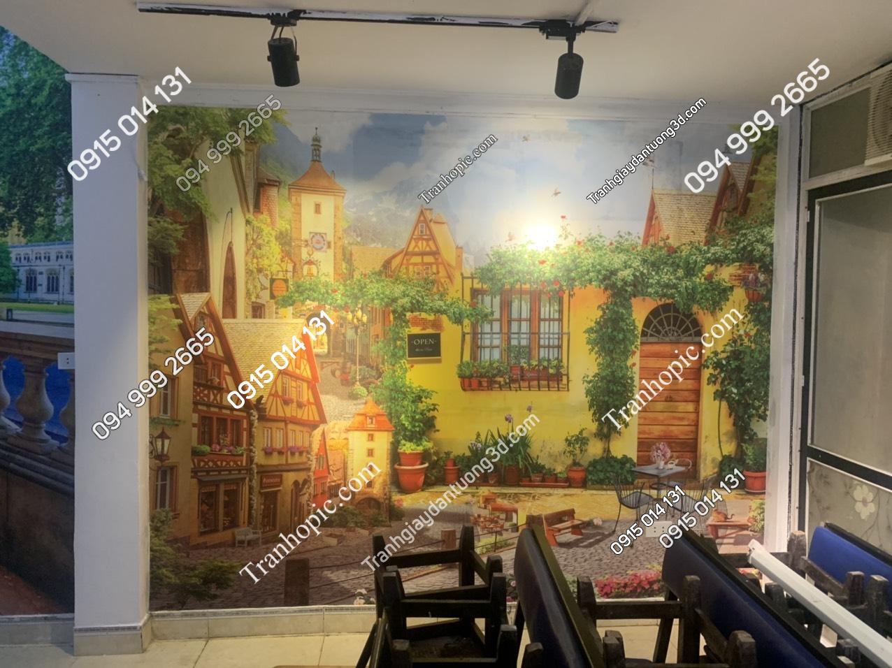 Tranh dán tường quán cafe tông màu vàng