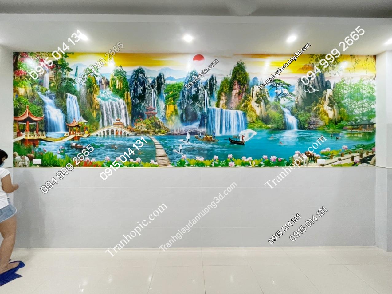 Tranh dán tường sơn thủy khổ dài phòng khách in 5D đẹp