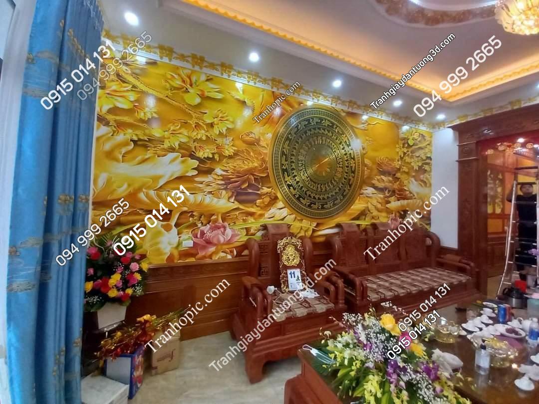Tranh dán tường trống đồng màu vàng phòng khách