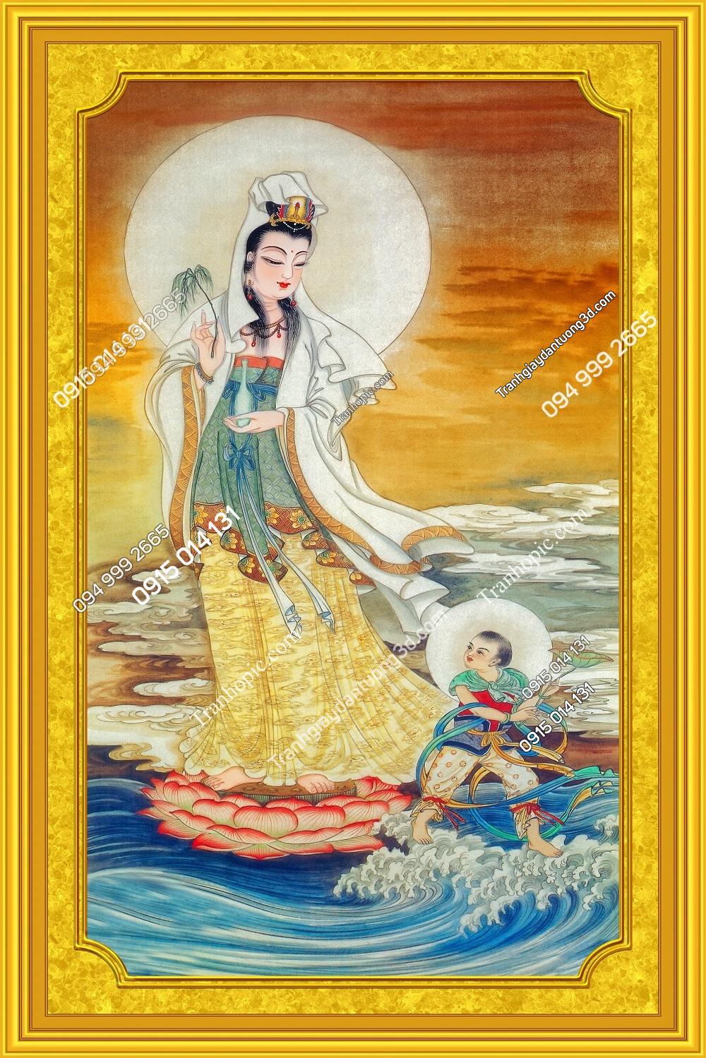 Tranh dán tường Quan Thế Âm Bồ Tát viền vàng BT2