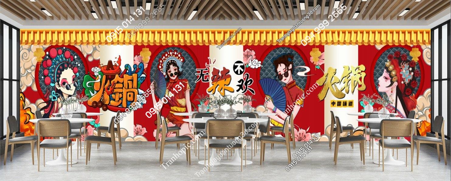 Tranh dán tường cô gái kinh kịch khổ dài cho nhà hàng Trung Hoa