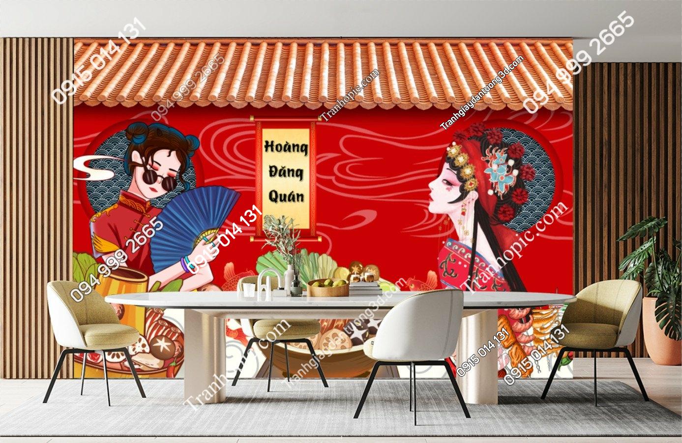 Tranh dán tường cô gái kinh kịch trung hoa quán lẩu