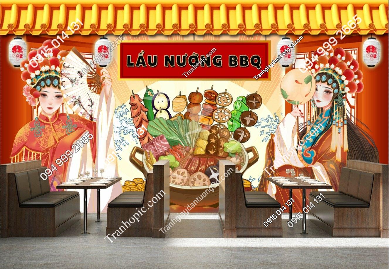Tranh dán tường lẩu nướng BBQ trung hoa mới