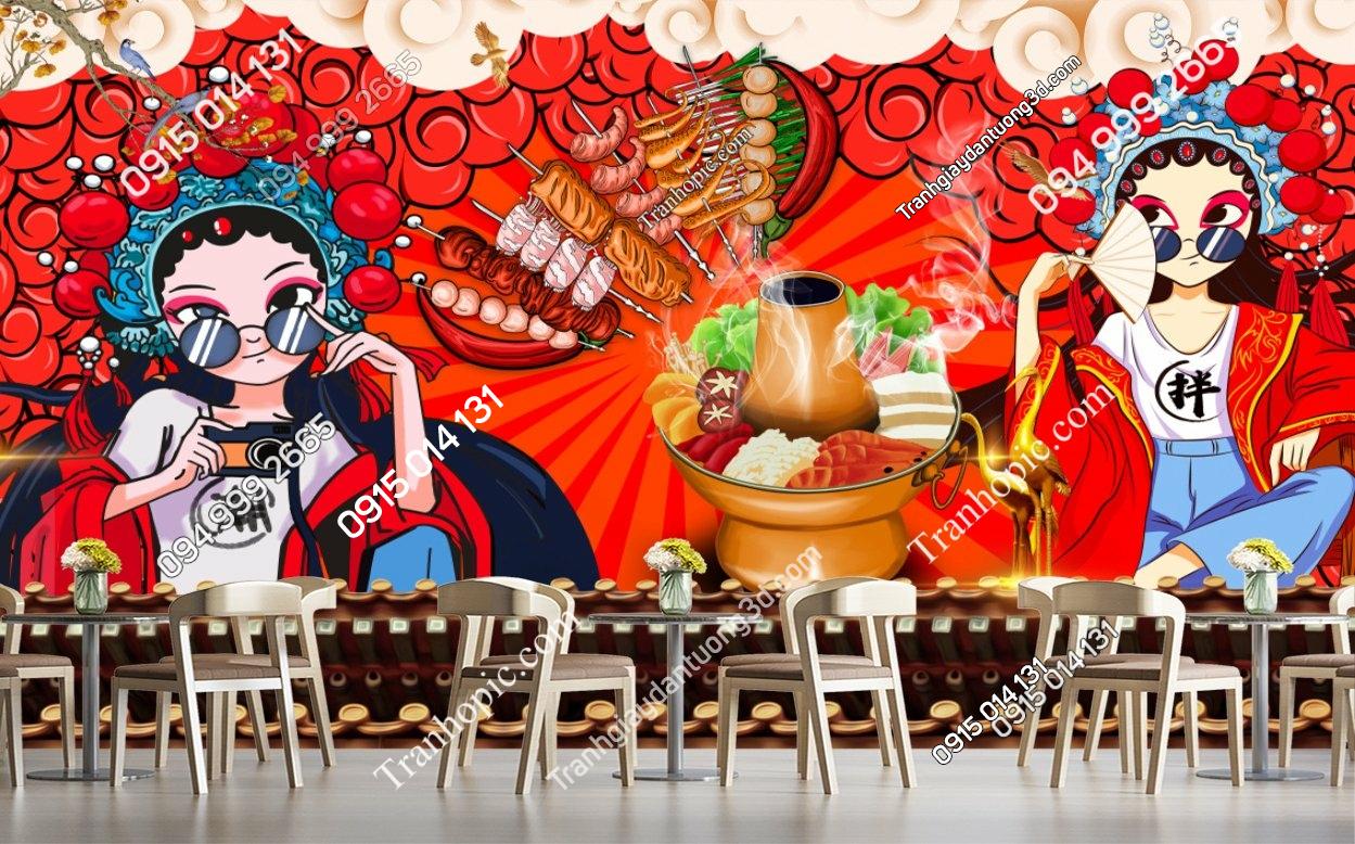 Tranh dán tường nền đỏ quán ăn