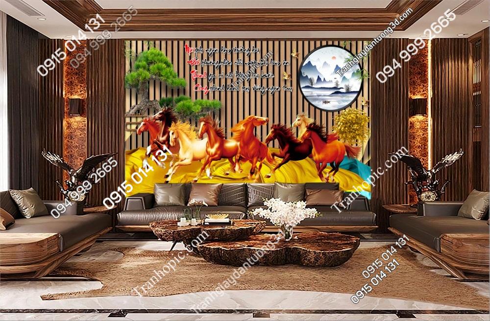Tranh bát mã lam sóng dán tường phòng khách 3152024
