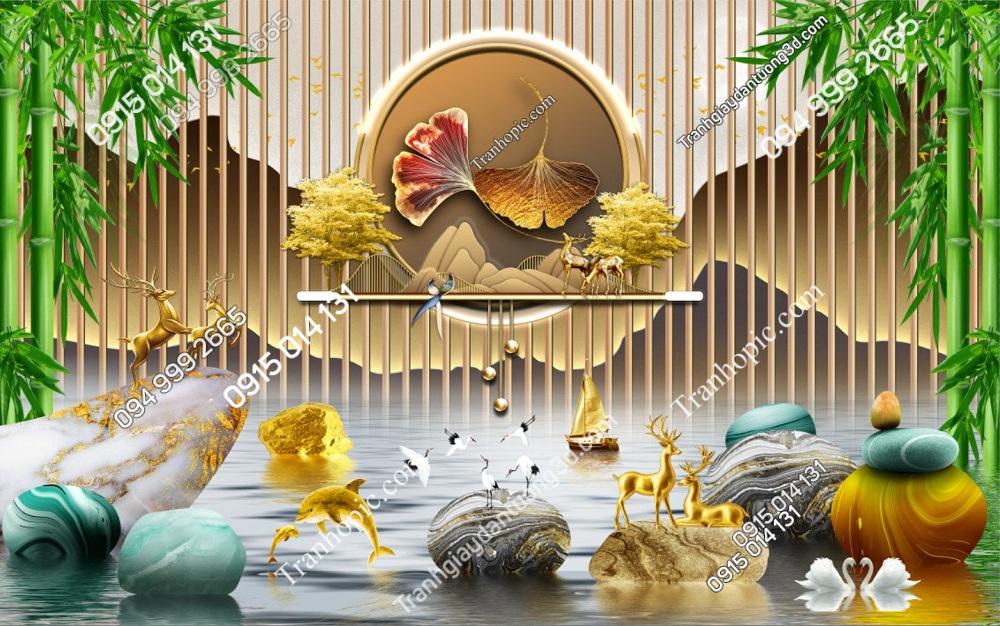 Tranh dán tường lam sóng tre dán tường phòng khách 3152024