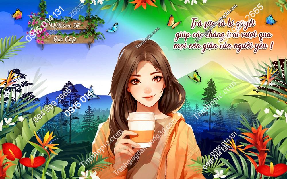 Tranh dán tường cô gái uống trà sữa GMD2342024 (10)