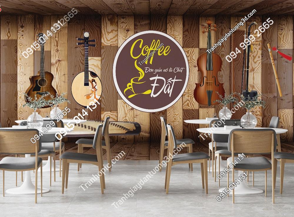 Tranh dán tường nền gỗ guitar và coffee 30286