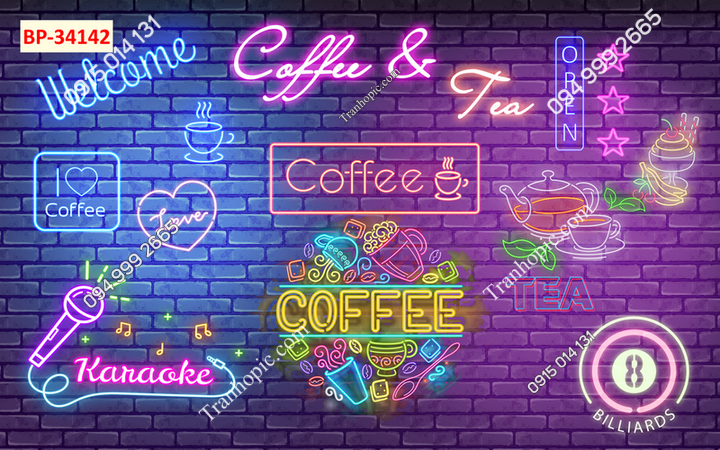 Tranh dán tường quán cafe trà sữa nền gạch neon 34142