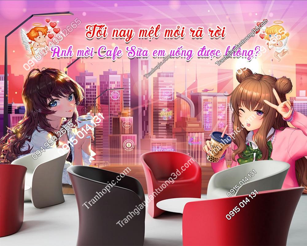 Tranh dán tường quán trà sữa đẹp với cô gái xinh GMD40442024