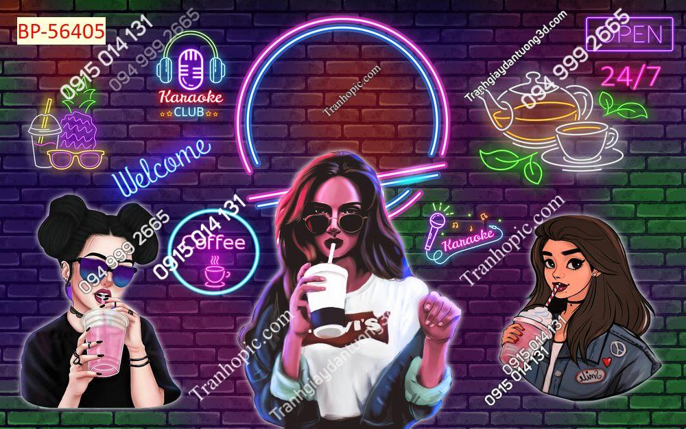 Tranh trà sữa trà tranh dán tường nền gạch neon 56405