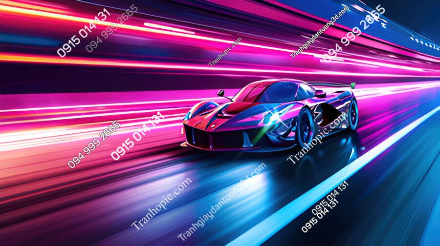 Tranh dán tường siêu xe chạy nền tím neon RF323483420