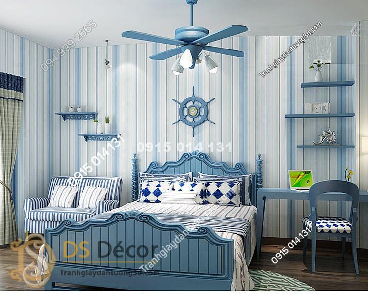 Giấy dán tường kẻ sọc dọc 3D031 màu xanh trang trí phòng ngủ