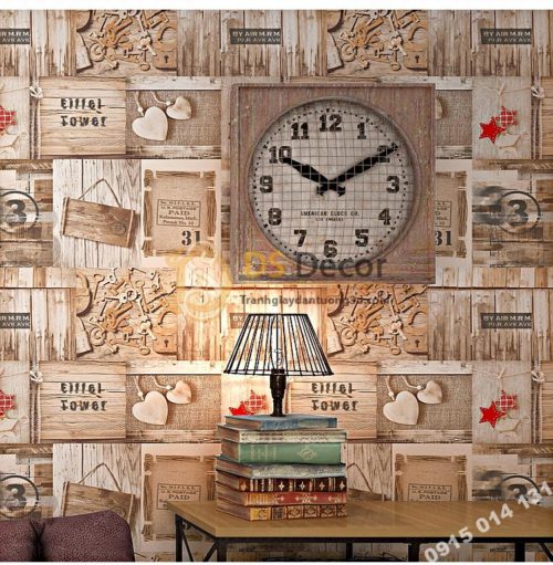 Giấy dán tường họa tiết giả gỗ kiểu retro 3D055 quán cafe sao đỏ